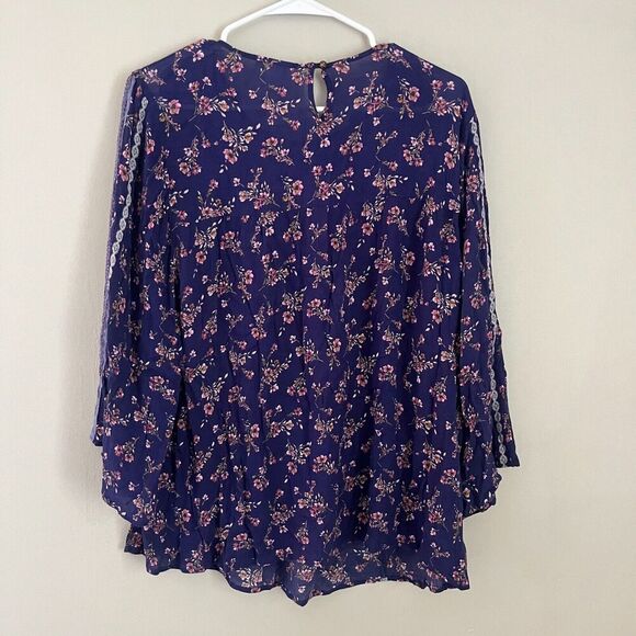 J Jill Womens Purple Blouse Large Flared Long Sleeve Floral Boho Cottagecore - Picture 2 of 8